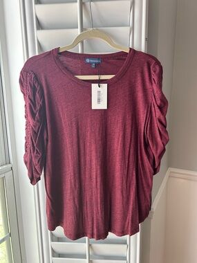 Democracy Burgundy Ruched-Sleeve Long Sleeve Tee